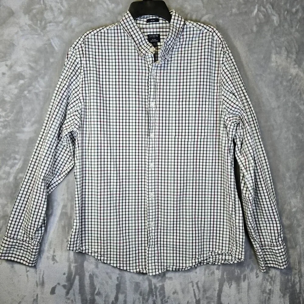 J. Crew Button Down Shirt Slim Fit Mens XL Beige Green Red Check Plaid Cotton